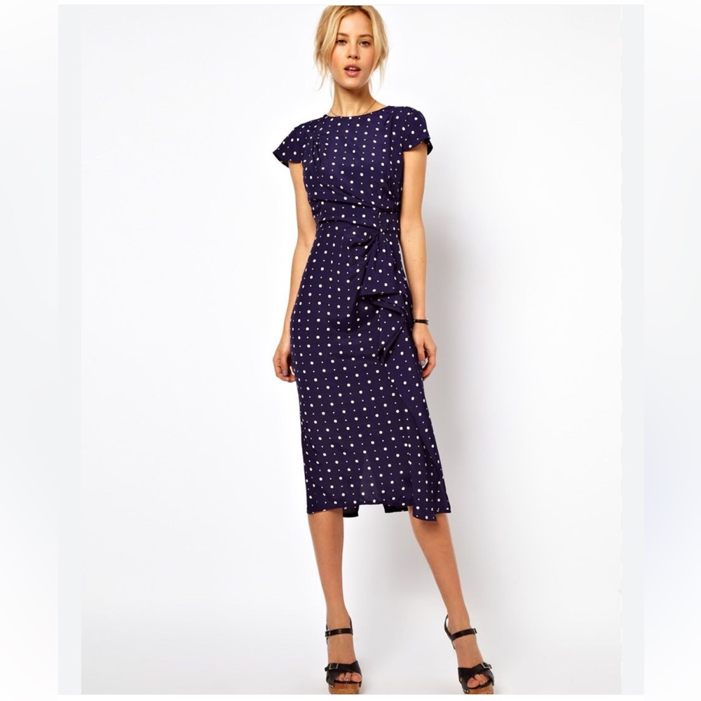 ASOS Navy Blue Polka Dot Midi Dress